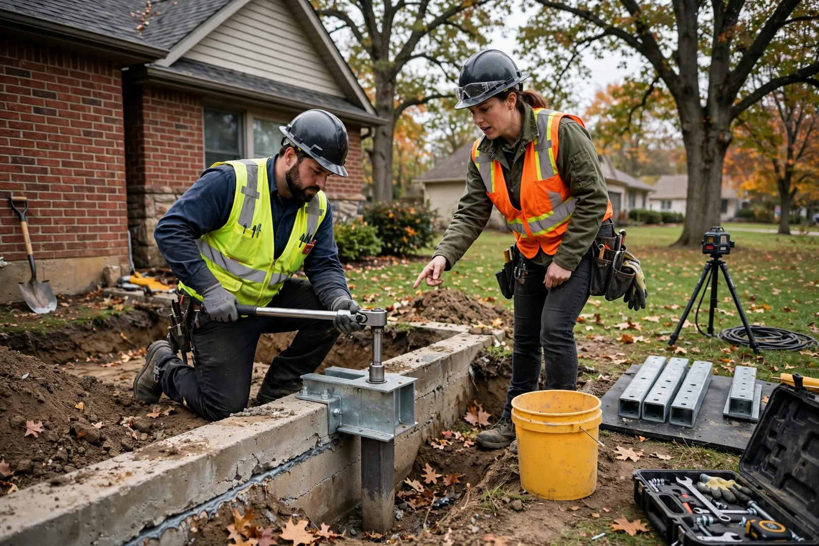 Crew installing drain tile along a basement wall