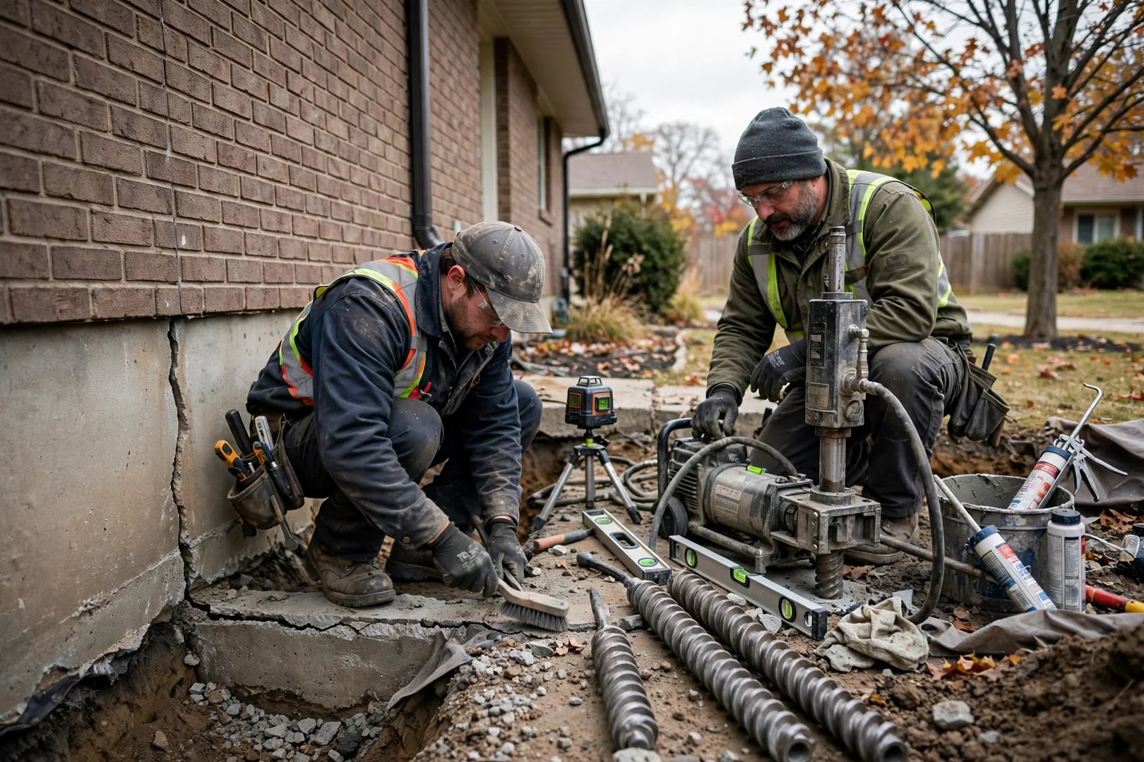 Hydraulic jack and steel pier bracket mounted on a home foundation footing in Overland Park