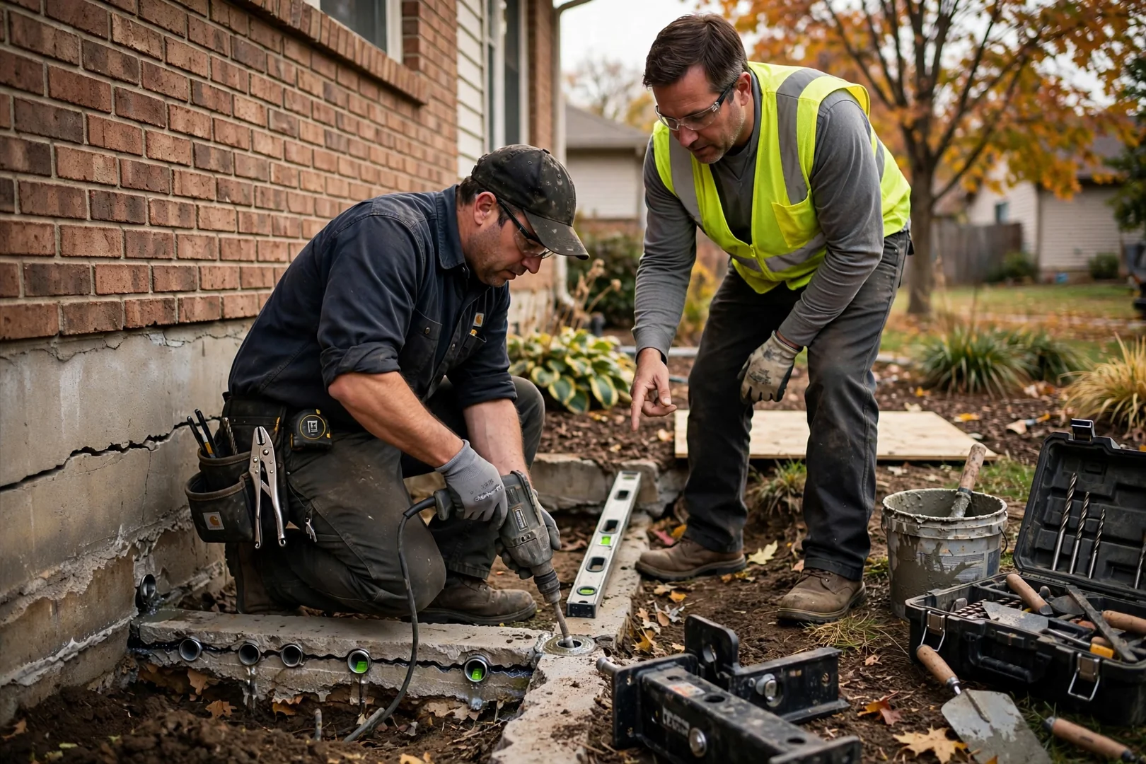Crew installing steel foundation piers at an Overland Park home