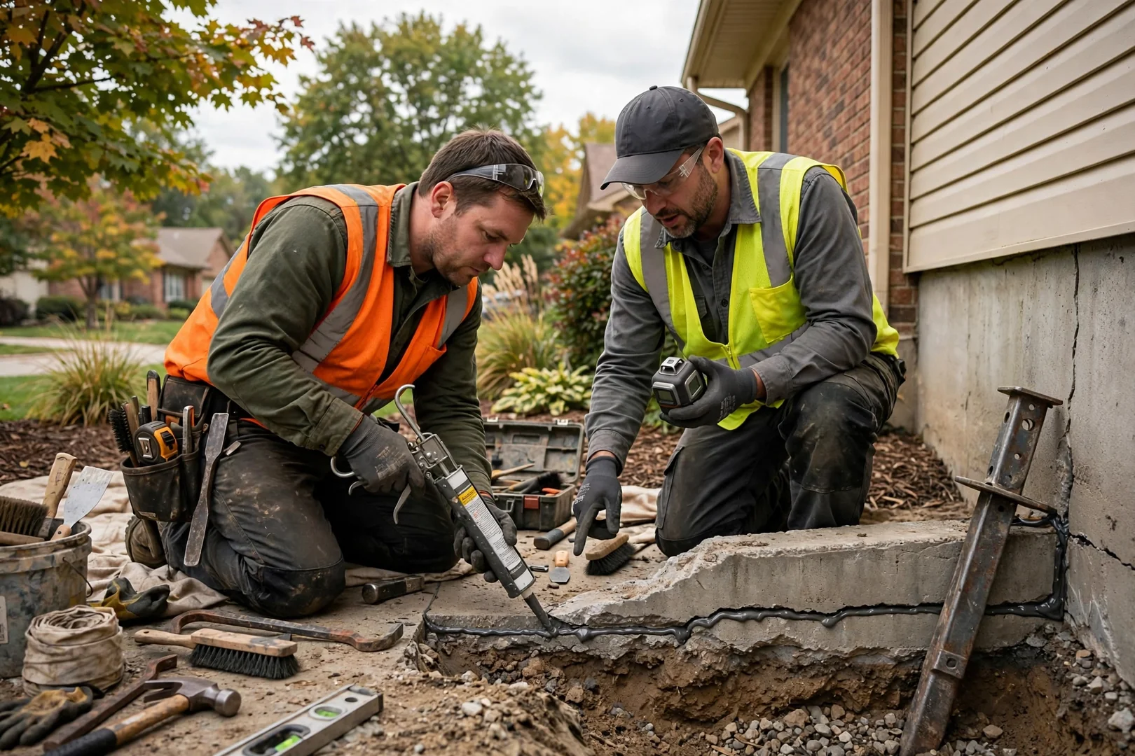 Crew installing steel push piers along a settling home foundation in Overland Park