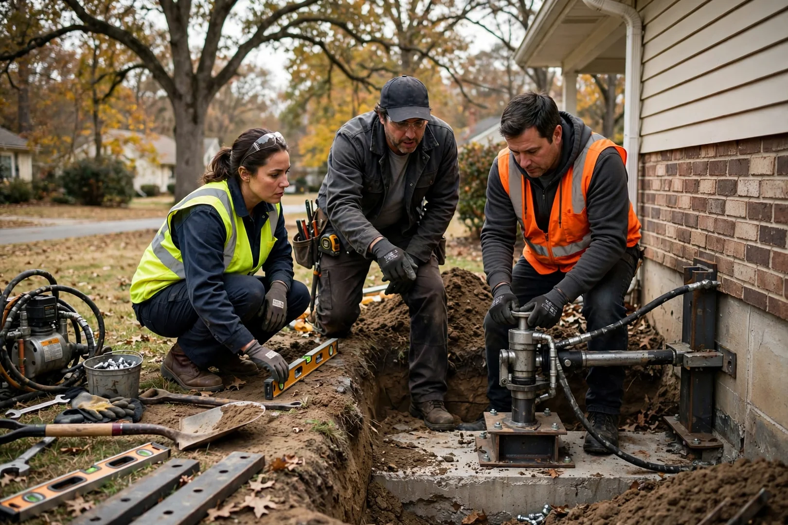 Crew installing steel push piers at a home foundation