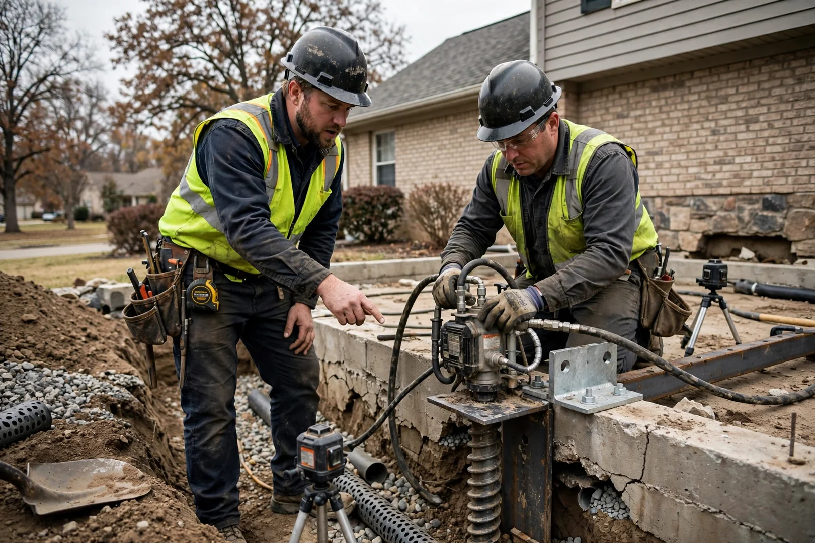 Foundation specialist reviewing repair findings with an Overland Park homeowner