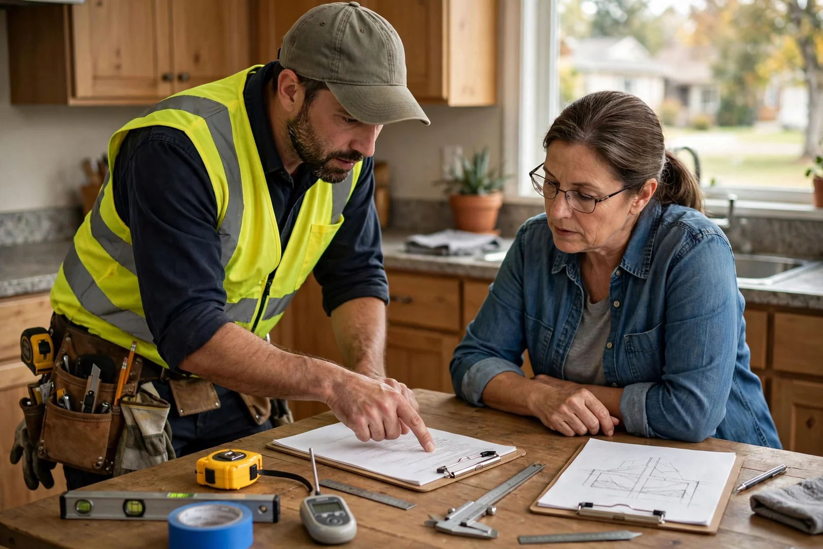 Foundation technician reviewing a written repair estimate with a homeowner at a kitchen table