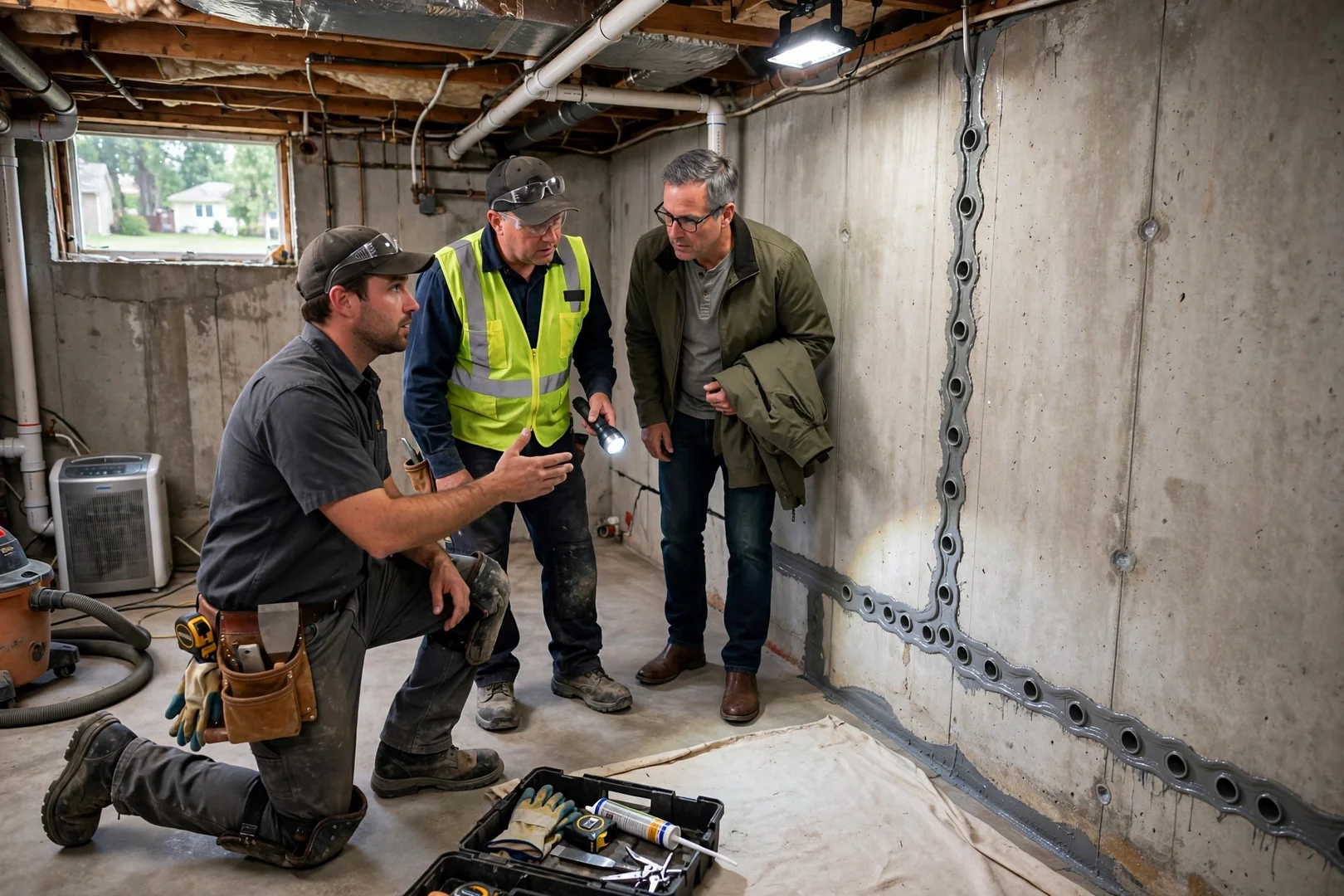 Crew walking a homeowner through completed basement foundation crack repair in Overland Park