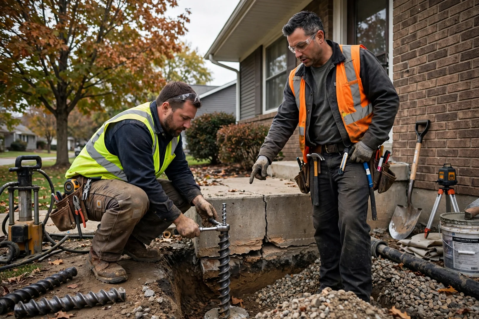 Foundation repair technician inspecting a basement wall crack in an Overland Park home
