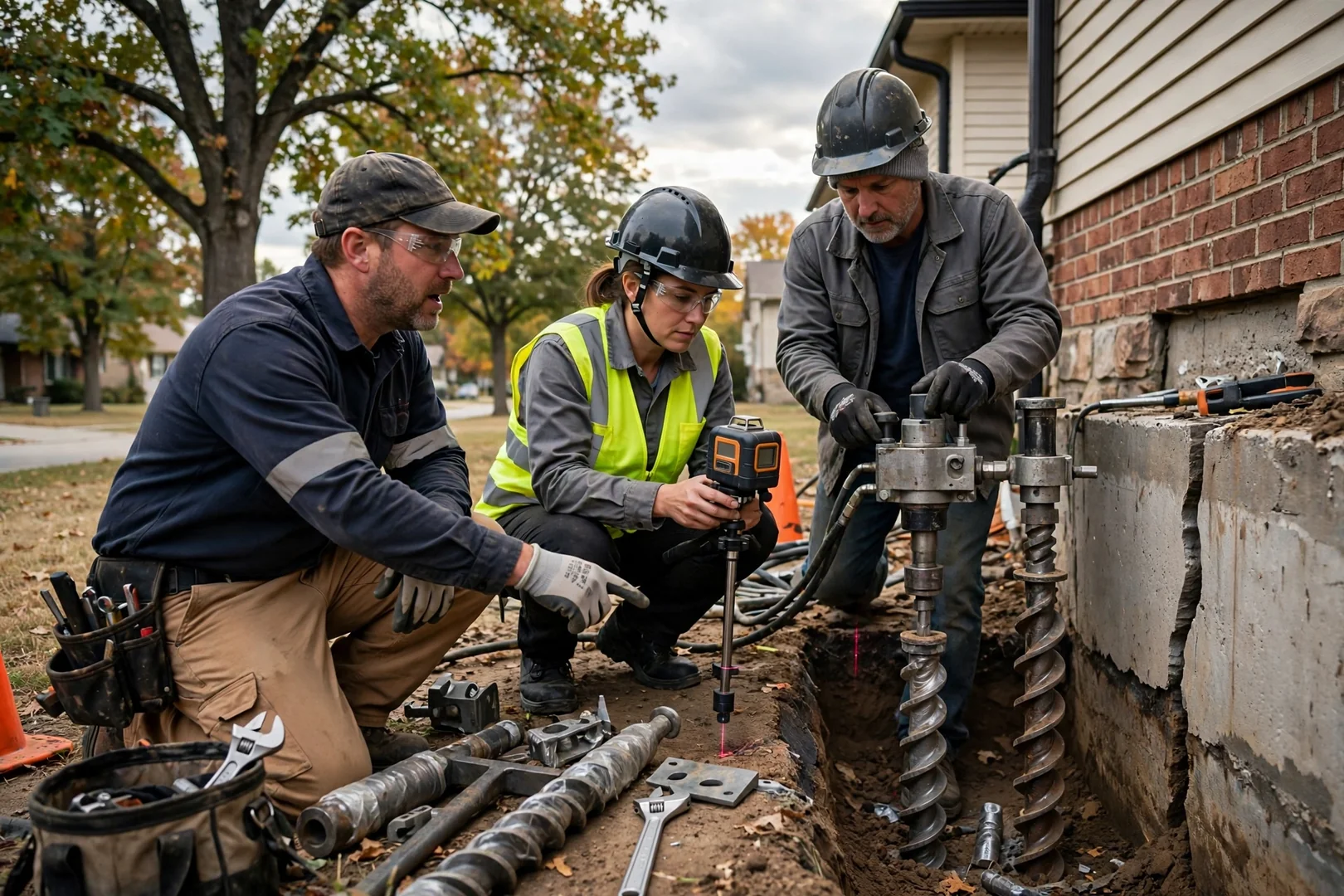 Technician checking hydraulic piering equipment beside a residential foundation in Overland Park