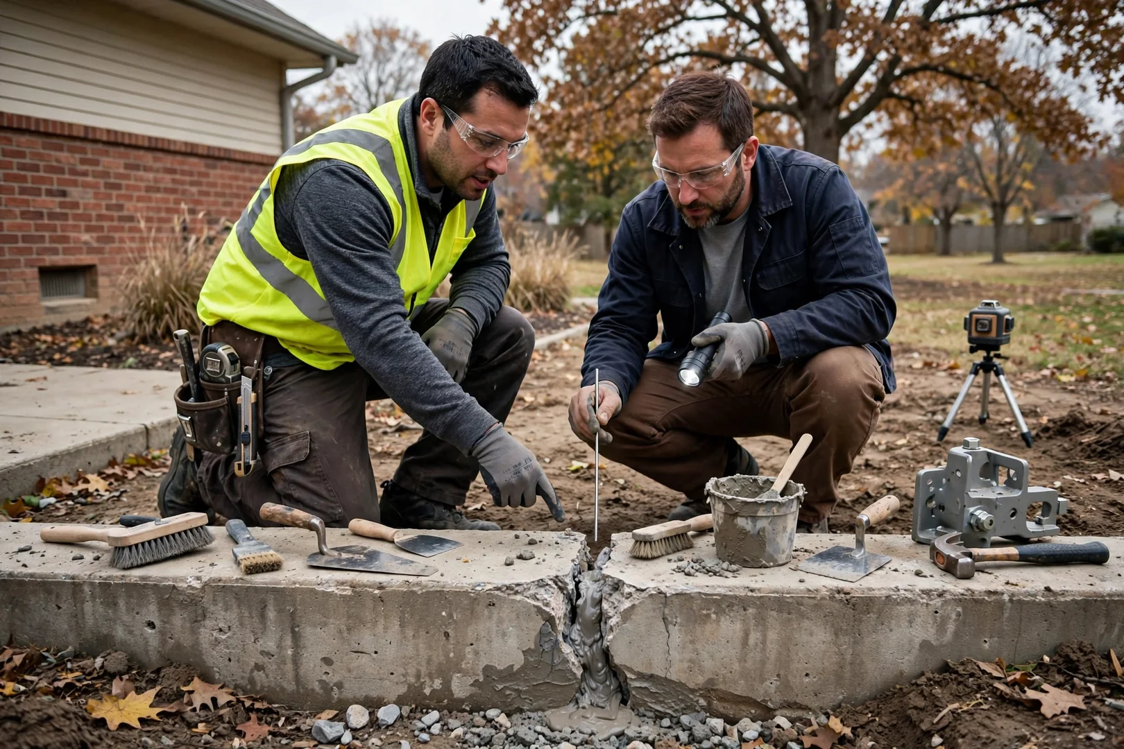 Technician measuring a foundation wall crack during a home inspection