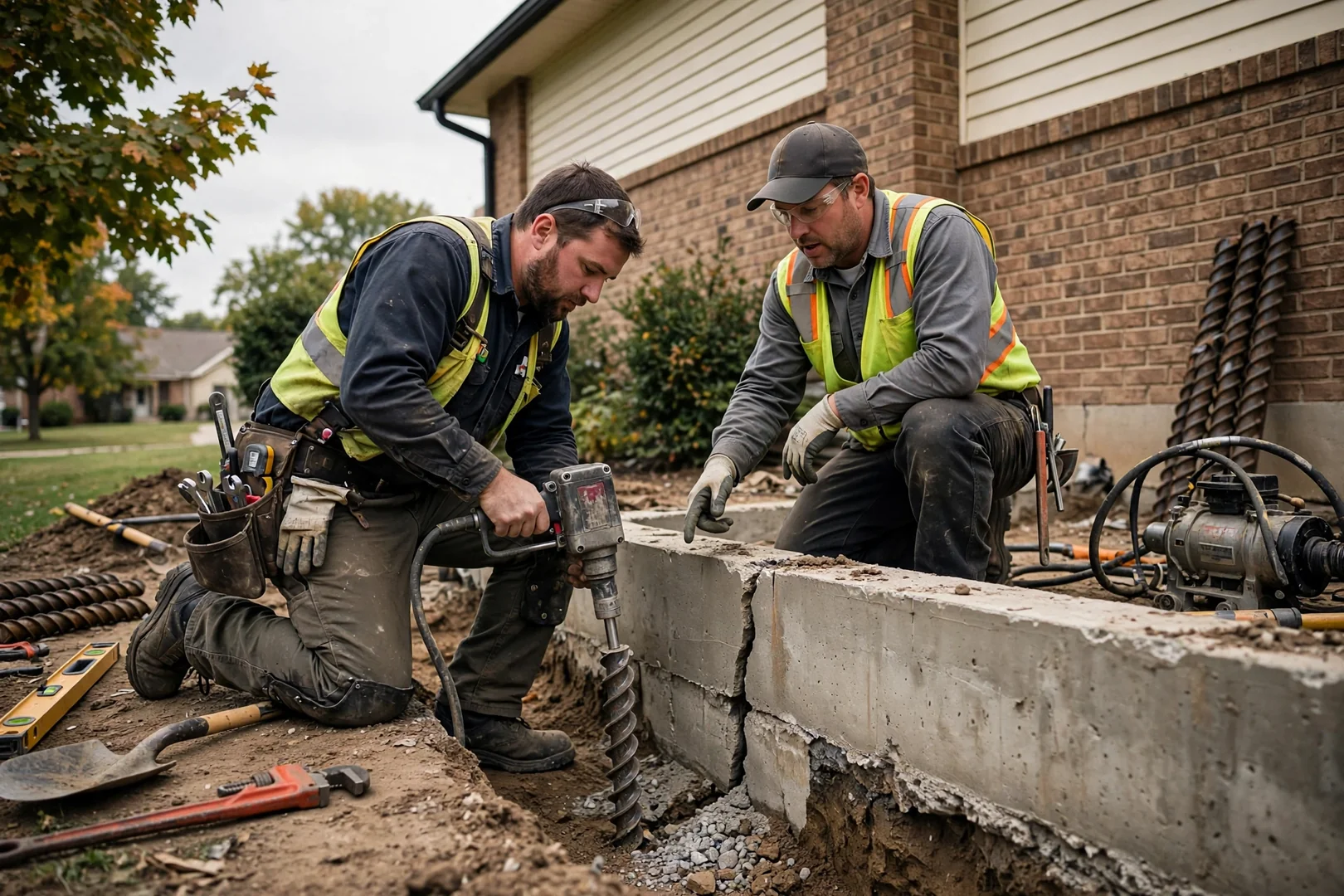 Residential street of Overland Park homes with basement foundations on gently sloped lots