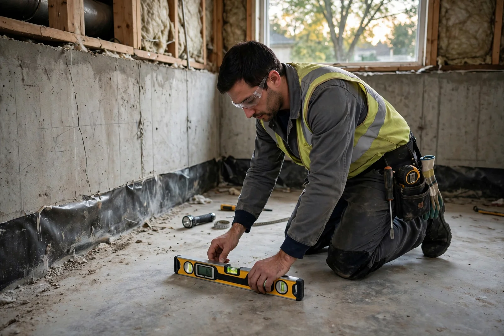 Technician measuring floor elevation with a digital level during a foundation inspection