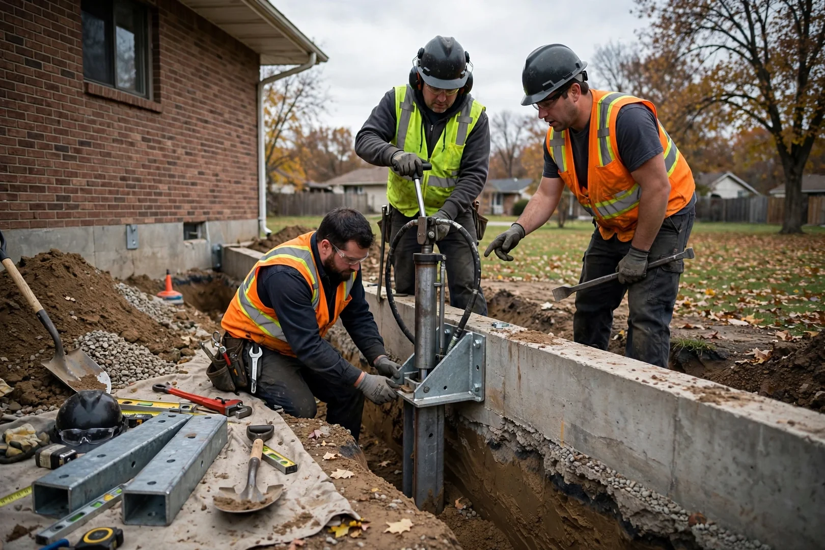 Crew installing steel push piers along a home foundation in Overland Park