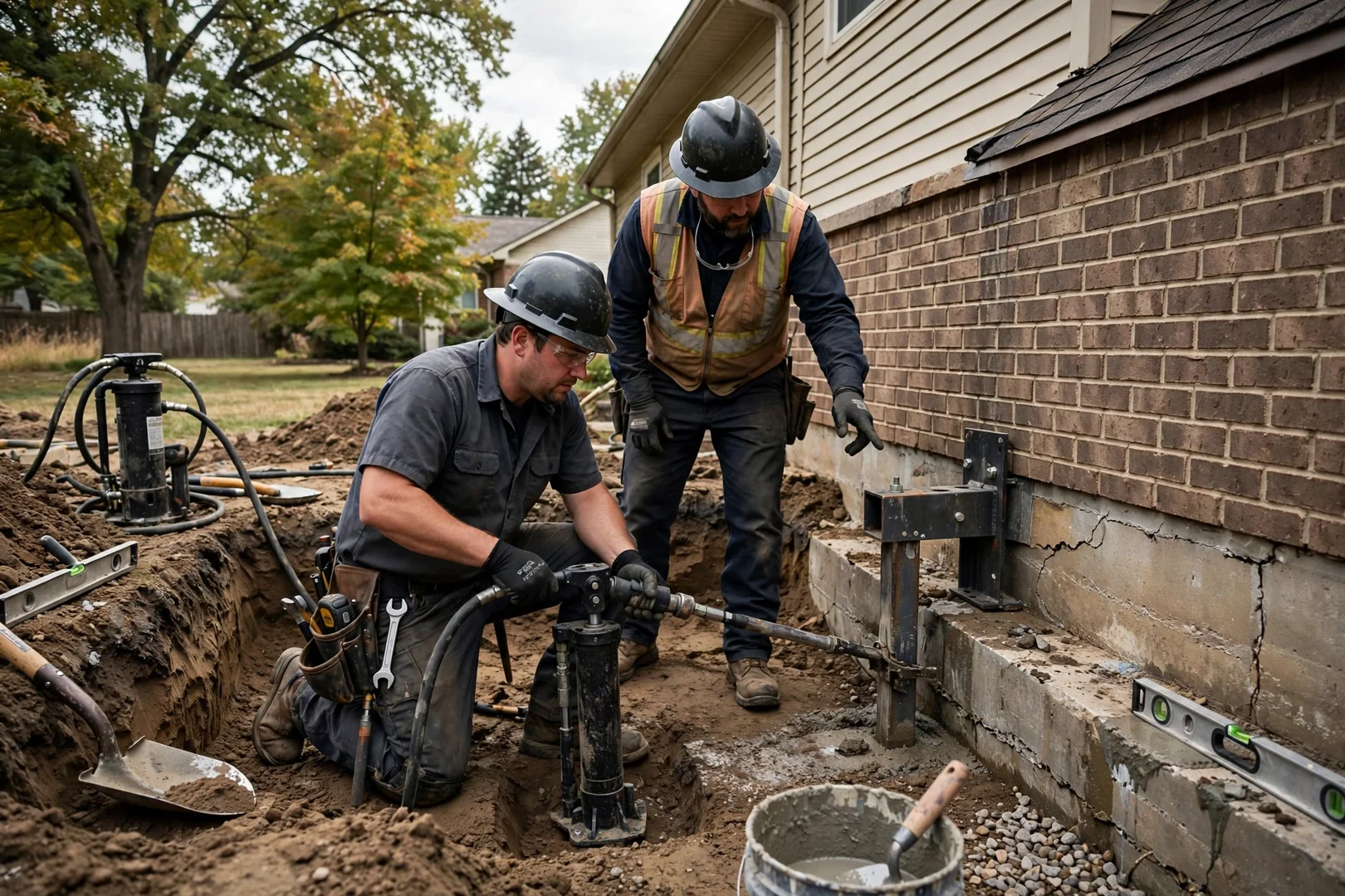 Foundation specialist measuring a cracked basement wall during an Overland Park cost assessment