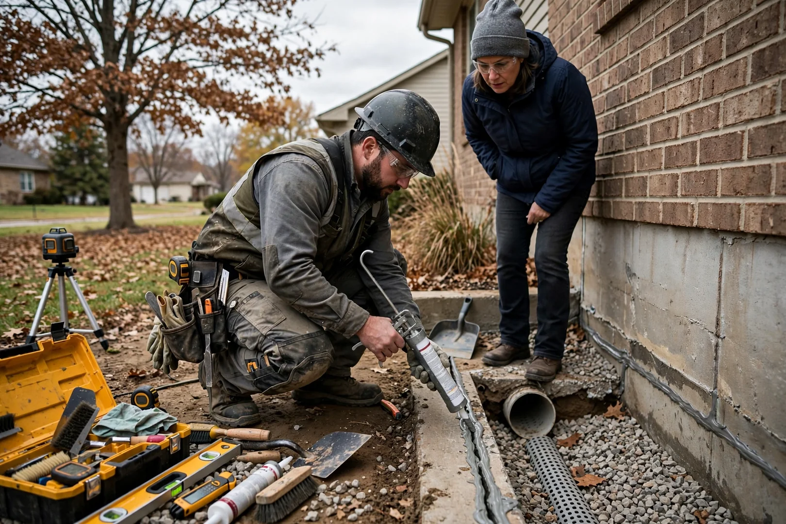 Technician measuring a basement wall crack in Overland Park
