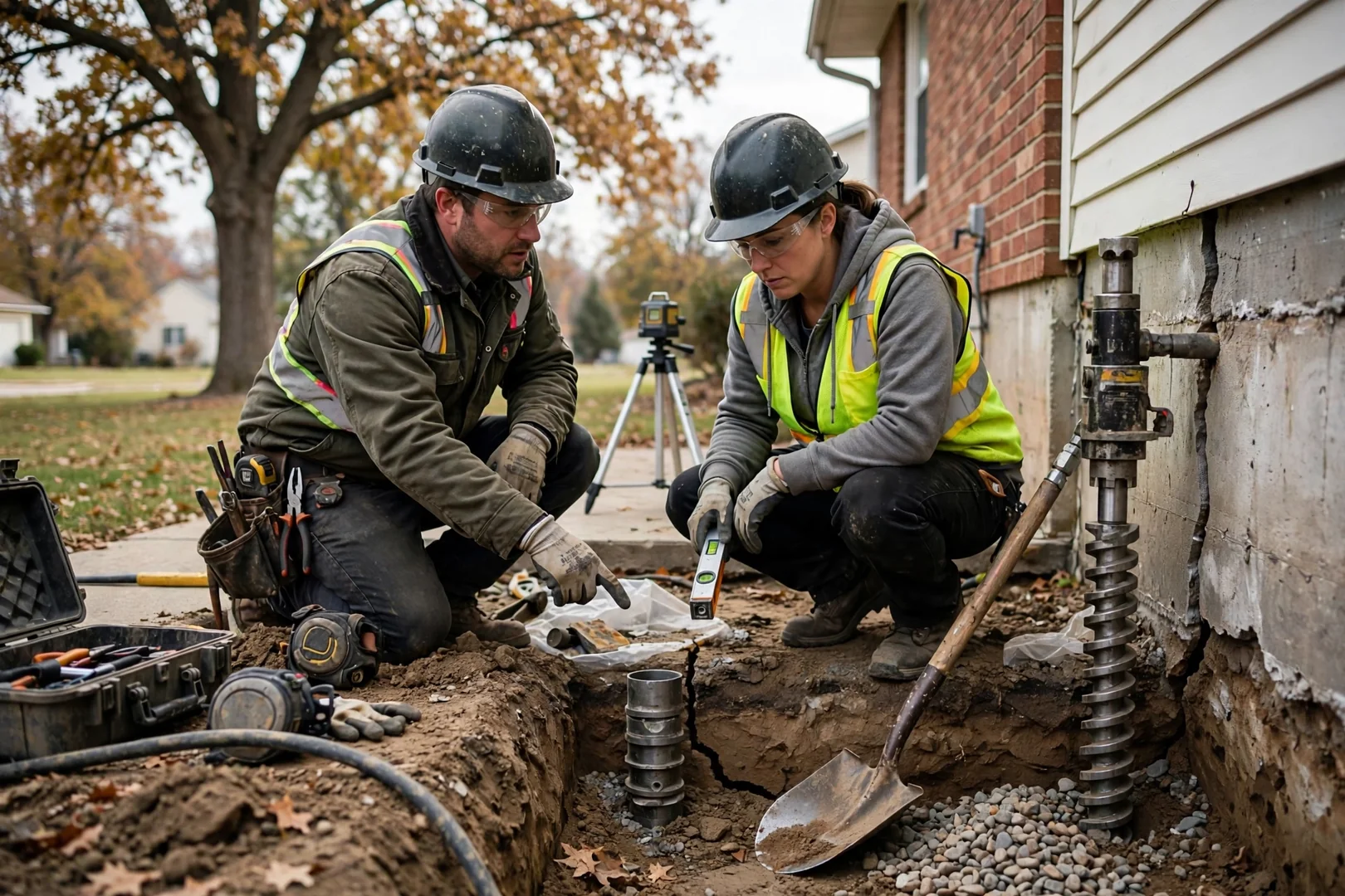 Technician injecting epoxy into a poured concrete foundation crack in an Overland Park basement
