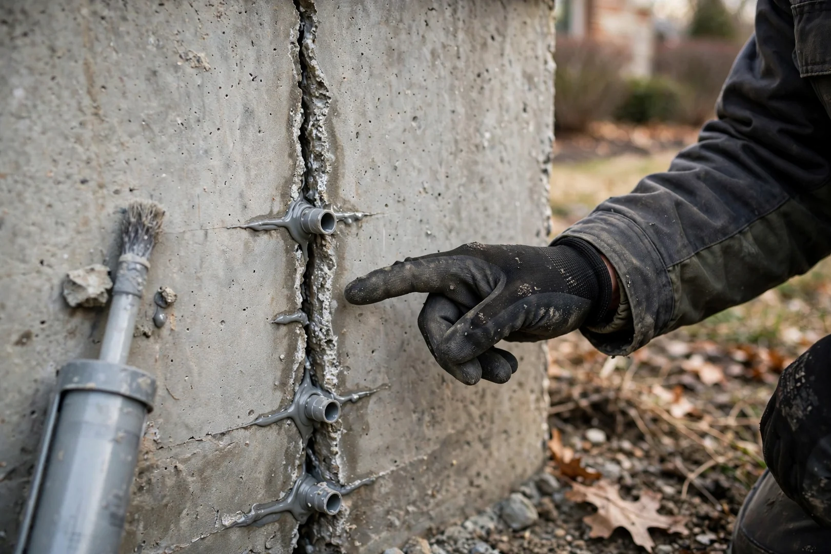 Technician checking a bowing foundation wall with a level